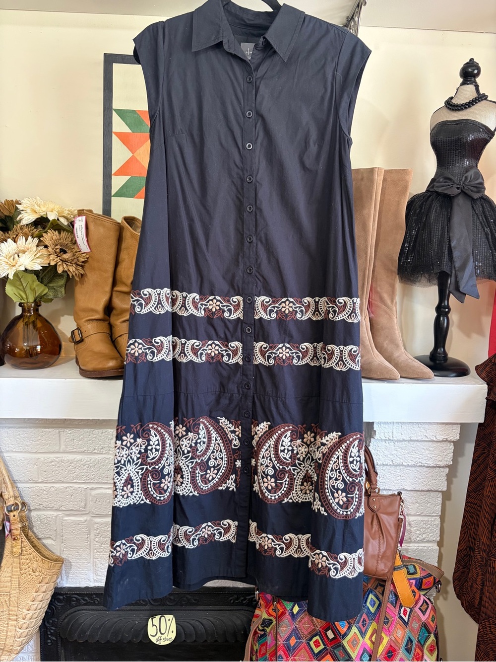 Anthropologie Black Maxi Dress with Paisley Border Embroidery